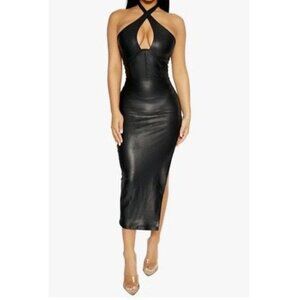 NWT Naked Wardrobe Extra Drippin' Crossover Halter Midi Dress Black L